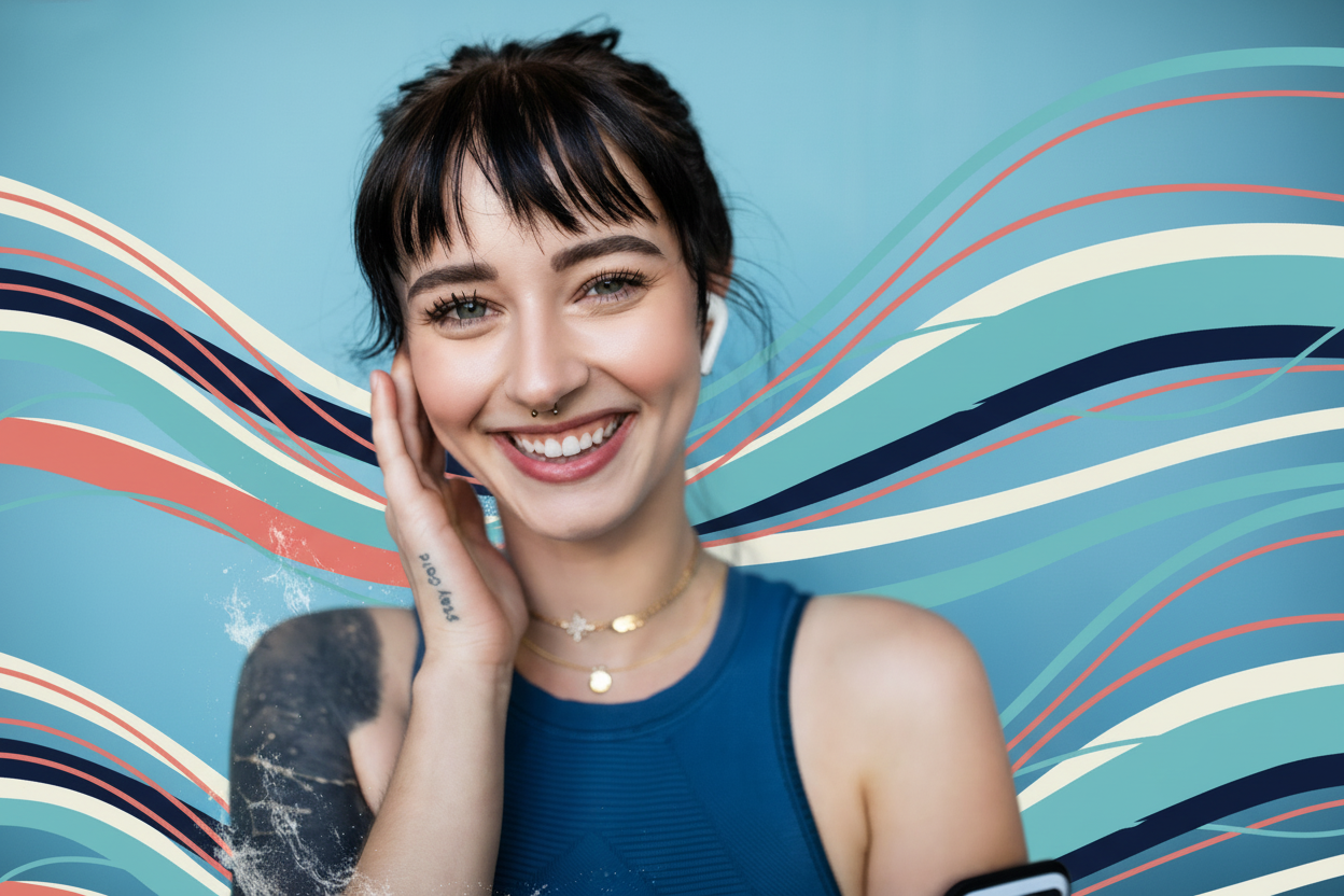 A smiling woman with a phone against the StoryWave wave backdrop